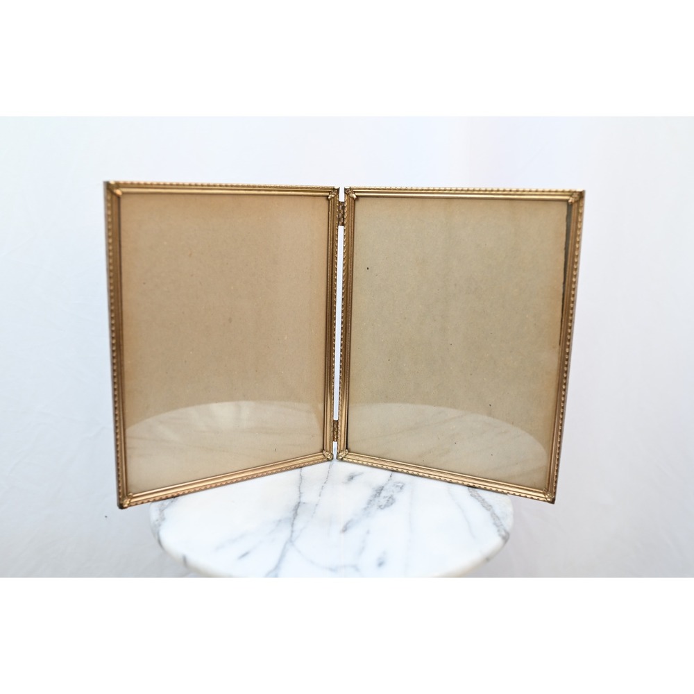 Vintage Brass Double Picture Frame 8x10 Bifold Beaded Tabletop Gold Portrait
